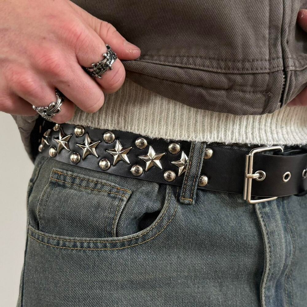 Y2K Black Silver Star Studded Belt Unisex Goth Emo Style 44" Long - Picture 15 of 16